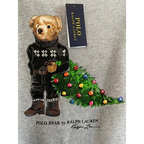 Polo Ralph Lauren Christmas Tree Bear Sweatshirt Medium 10-12 Gray Ships Today! - Picture 4 of 8